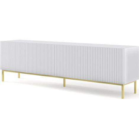Meuble TV meuble Hi-fi sur pied Blanc Mat 200x42x58cm RAVI B FILET Pied Cadré or (1/4)
