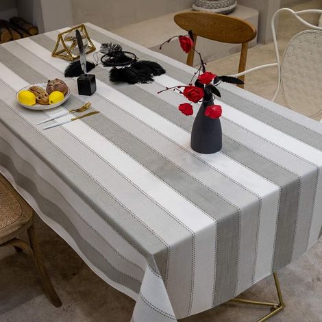 Nappe rectangulaire, anti-taches, peut être une nappe à rayures grises tricolores, nappe de décoration de table de cuisine en coton et lin (140260cm). (1/3)