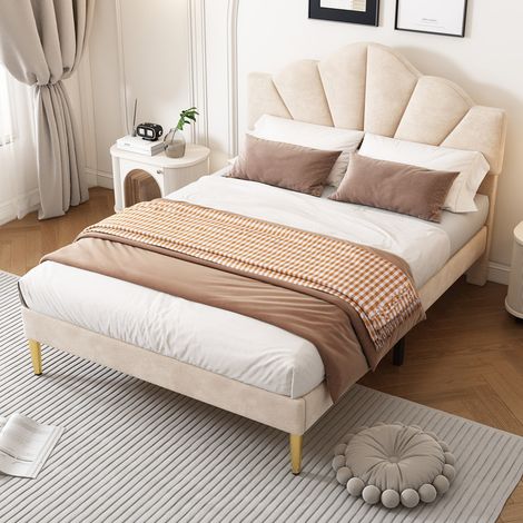 Lit double 140x200cm en velours avec rembourré tête de lit en forme de coquillage réglable,lit enfant cadre de lit adulte,beige (1/5)