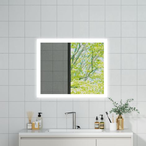 OCEAN Specchio da bagno con LED 90x70cm,3 colori,Dimmerabile, Antiappannamento,Memoria,IP44, Vetro HD,Doppio interruttore,Orizzontale/Verticale (1/5)