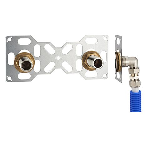 FIXSYSTEM doppio: kit completo per il fissaggio di un rubinetto a parete con interasse di 150 mm Gomiti di alimentazione a compressione su tubo multistrato NOYON & THIEBAULT - Ø 16 mm, uscita 3/4' mas