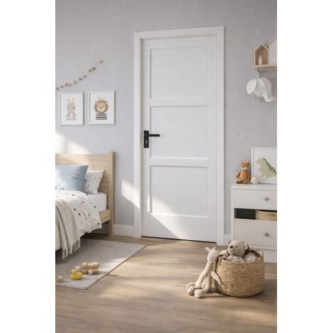 Blocco Porta Korya Bianco 3 Pannelli H204 x L83 Pannello Nervature Spingendo Destra + Maniglia