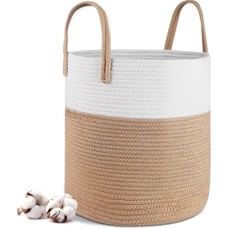 Panier a Linge - 40 x 35 cm Paniers de Rangement Pliables - Panier à Linge en Corde de Coton avec Poignées - Panier de Rangement pour Jouets - Pour le salon, la salle de bain,Jaune (1/5)
