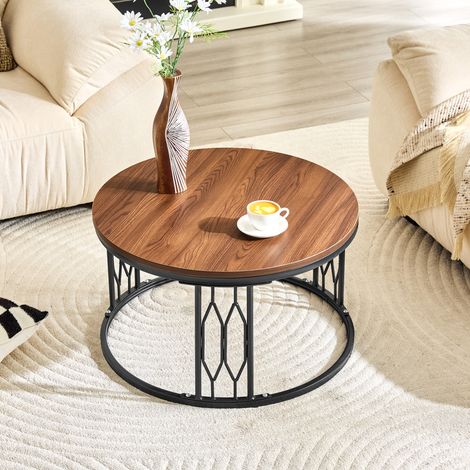 Table basse ronde 70x70x40,5 cm en MDF et métal couleur noyer, gain de place pour salon FloraGrace (1/5)