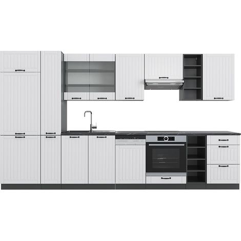 Mueble de cocina Fame-Line, Casa de campo blanca/antracita, 355 cm con armario alto, sin encimera, Vicco
