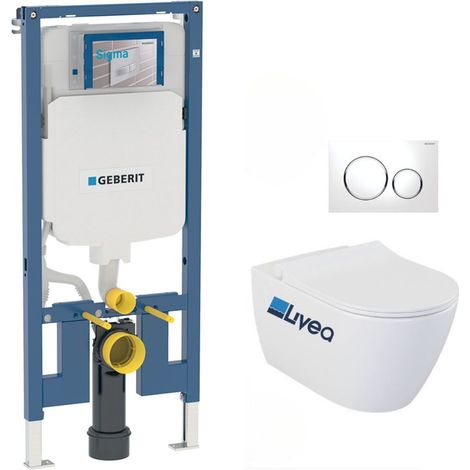 Pack WC Bati-support Geberit Duofix UP720 extra-plat + WC sans bride Livea Bello + Abattant softclose + Plaque blanche