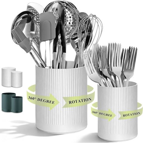 Porte-Utensiles Rotatif 360°, Set de 2- Porte-Ustensiles de Cuisine en Plastique 16+12cm, Grand Recipient à Ustensiles pour Comptoir,Organiseur de pour Spatules, Décoration de Cuisine (Blanc) (1/5)