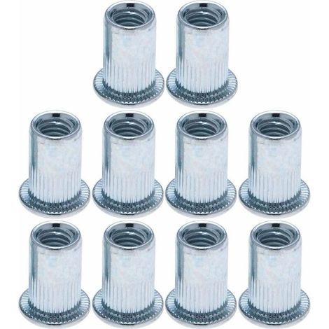10x Ecrou rivet aveugle à tête plate en acier zingué Insert Fileté Filetage Métal Meuble Voiture Tôle Bois, M3 (1/4)