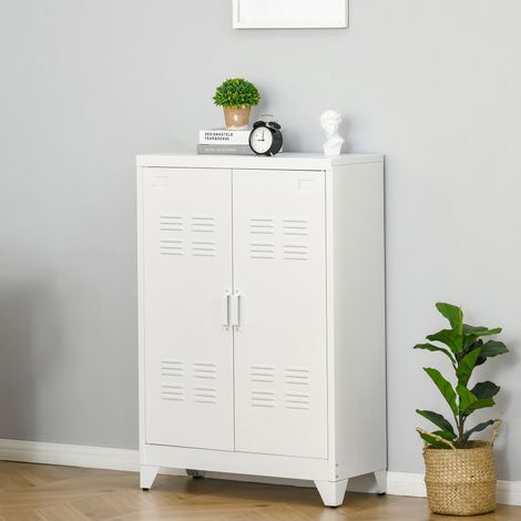 Mobiletto in metallo con 2 ante e 2 ripiani regolabili, mobile multiuso per ufficio, soggiorno, camera da letto, 75x33x110 cm, bianco