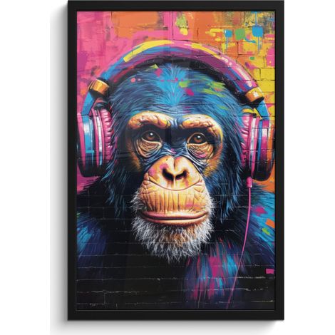 AFFICHE ENCADRÉE Graffiti - Chimpanzé - Street art - Casque audio - Singe Cadre Décoration Murale 40x60 (1/5)