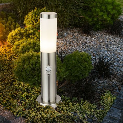 Stehleuchte Außenlampe Stehlampe Wegelampe Sockelleuchte Garten Terrasse, Bewegungsmelder IP44, Edelstahl opal silber, 1x E27 Fassung, DxH 7,6x45