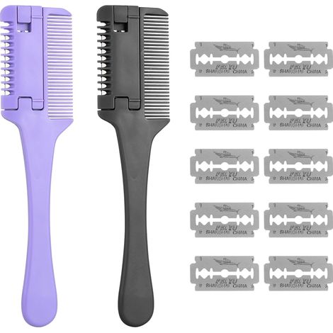 Pettine per sfoltire i capelli, pettine per sfoltire, strumento per tagliare i capelli, doppio lato, con 10 lame di ricambio, per adulti e bambini