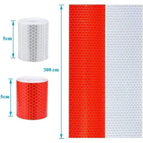Striscia riflettente, 2 pezzi. Striscia riflettente autoadesiva da 5 cm × 3 metri, adesivo ad alta visibilità per veicoli, auto, rimorchi, biciclette, caschi - bianco e rosso - (1/4)