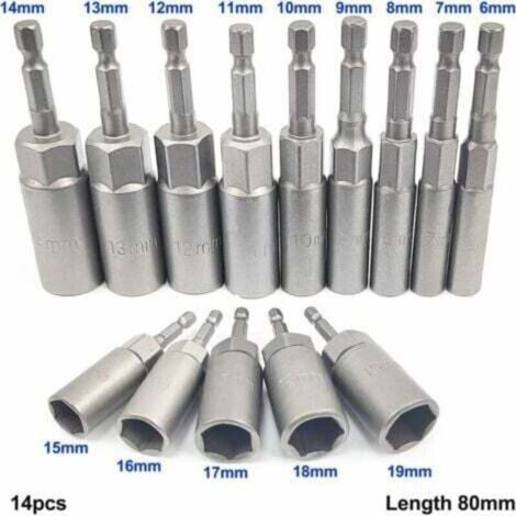 NALOOKAMIC  14 Pièces Douille Visseuse Approfondir, 6-19mm Adaptateur Hexagonal, Profondeur D'usinage 34mm, Hexagonal Pour Tournevis à Écrou de pour Perceuse à Main, Douille Visseuse a choc, Clé à Dou