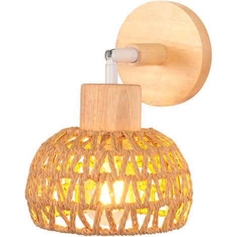Applique Murale Intérieure 15CM Lampe Murale Réglable en Bois et Rotin Rétro E27 Luminaire Applique Vintage pour Salon Chambre (1/5)