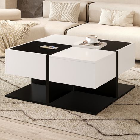 Mesa de centro cuadrada 69,7 x 69,7 x 35,3 cm con 2 cajones, negro y blanco HAVRYA (1/5)