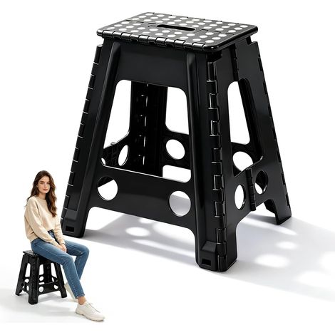 Tabouret Pliable 45 cm, Marche Pied Pliable 150 kg, Tabouret Pliant Portable avec Poignée, Petit Tabouret Plastique Noir pour Cuisine, Salle de Bain, Jardinage, Camping (1/5)