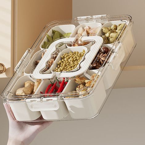 Lot de 2 plats de service compartimentés avec couvercle et poignée - Boîte à goûter à 9 compartiments, organisateur de boîte à goûter portable, plats à goûter transparents empilables (1/4)