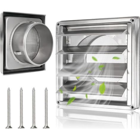 Grille d'aération de 125 mm en acier inoxydable avec clapet anti-retour, lamelles mobiles, moustiquaire, tuyau VMC et couverture d'extraction d'air extérieur avec joint en caoutchouc et vis (1/5)