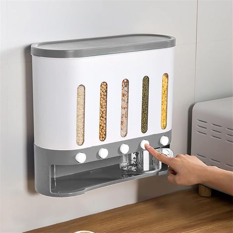 Distributeur de céréales mural - Boîte de rangement pour céréales sèches - Seau avec tasse (blanc gris) (1/5)