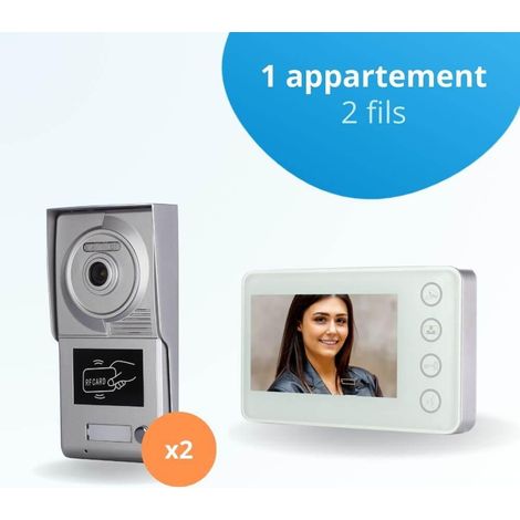 Portier interphone vidéo NEO 2 Fils pour 2 entrées - 1 appartement - 2 platines - 1 écran blanc - avec lecteur de badge