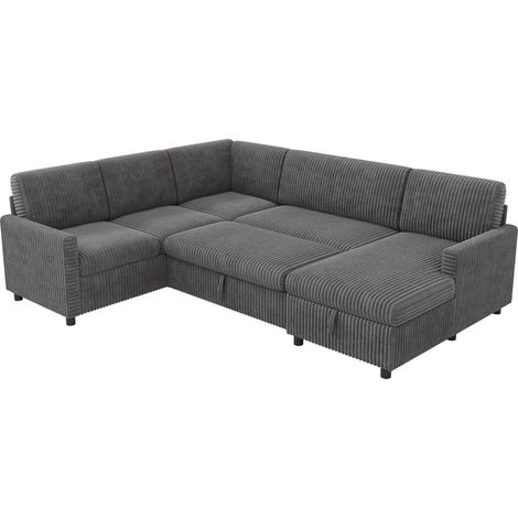 Canapé angle convertible U 220x274x85 cm gris velours côtelé mécanisme coulissant couchage rangement méridienne (1/5)
