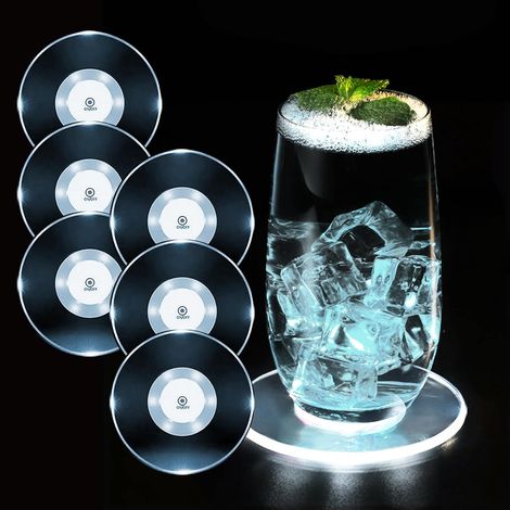 Lot de 6 dessous de verre LED blanc froid pour boissons, ON/OFF, imperméables, ronds, en acrylique, pour verres, bouteilles, fêtes, mariages, bars, Noël, pub (1/5)