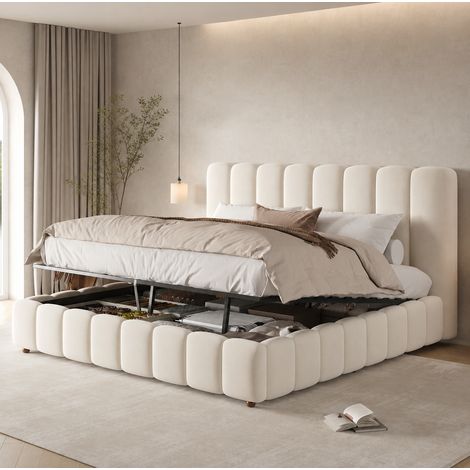 Cama doble 180x200 cm beige en terciopelo con almacenaje hidráulico y somier (1/5)