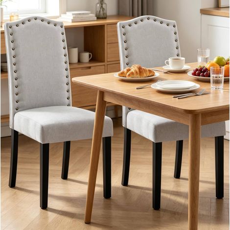 Chaise de salle à manger en lin et bois massif gris clair, dossier haut ergonomique, patins antidérapants (1/5)