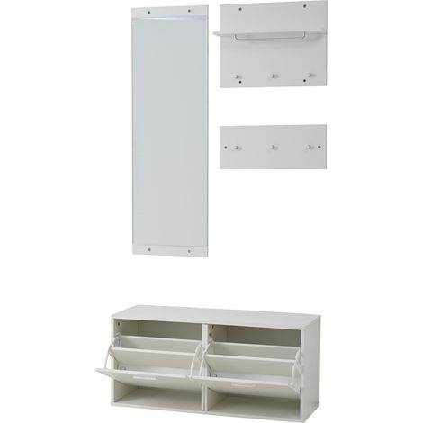 4-teiliges Flurmöbel-Set mit Spiegel, 2 Garderobenpaneelen und weißem Schuhschrank (1/5)