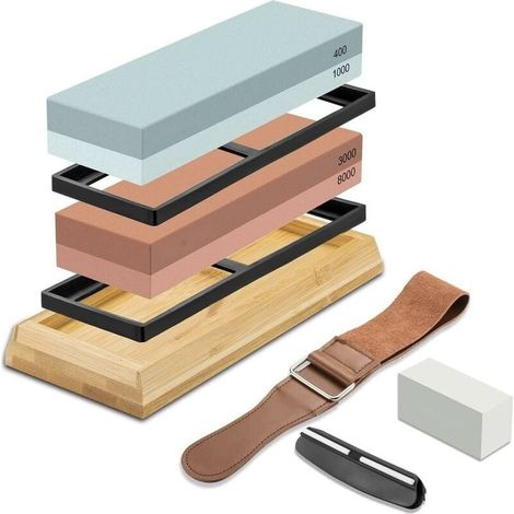 Pierre à aiguiser japonaise 400-1000 et 3000-8000 – Carbure de silicium – Inclus base en bambou et pierre à aplanir – Pour couteaux professionnels (1/5)