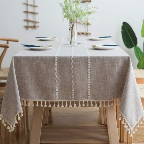 Tovaglia con nappe, in cotone e lino, tovaglia elegante, copritavolo lavabile per cucina e sala da pranzo. (1/5)