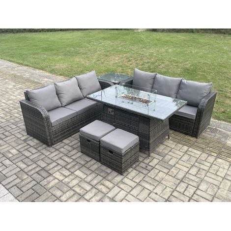 Fimous Rattan Garden Furniture Set with Fire Pit Table 8 Seater Outdoor Patio Lounge Sofa Set Dark Grey Mixed (1/5)