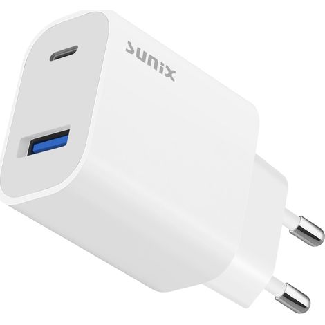Sunix PD 20W Schnell-Ladegerät 2 Ports 1x USB 1x Typ-C Netzteil Stecker 4x Schneller weiß (1/2)