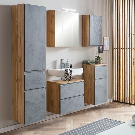Badezimmer Möbel Set, stehend oder hängend, in Wotan Eiche Nb. mit Beton Optik, VASTO-03-CONCRETE, B/H/T ca. 170/200/35 cm (1/5)