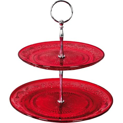 TRADE SHOP - Alzata A 2 Piani In Vetro Rosso Elegante Decorativo Per Dolci Frutta Dessert ø23/18cm - (1/3)