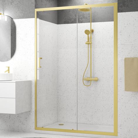 Porta scorrevole per doccia 140x200cm - Profilo Oro Spazzolato - Vetro temperato 6 mm - GOLDY CRUSH (1/5)