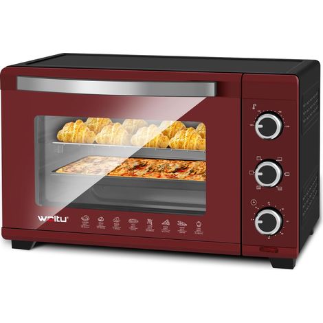 Woltu – Four électrique 32L – Circulation rapide d’air chaud – Minuterie 60 min – Température 100-230℃ – 1600W – Porte à double vitrage rouge/noir