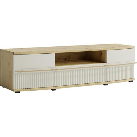 CANDY Meuble TV 175x45 cm courbé à relief en bois design moderne épuré Blanc cassé (1/5)