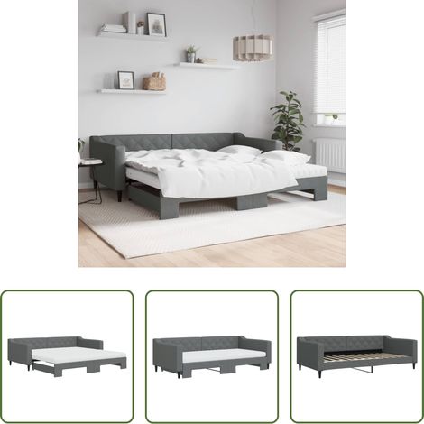 Lit gigogne - Lit de jour avec gigogne et matelas gris foncé 100x200 cm tissu (1/5)