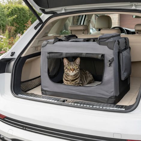 belviona Katzentransportbox, leichte & stabile Transporttasche Katzen, faltbar mit Mesh-Fenstern, Innenkissen & Taschen, 70x52x50 cm, dunkelgrau (1/5)