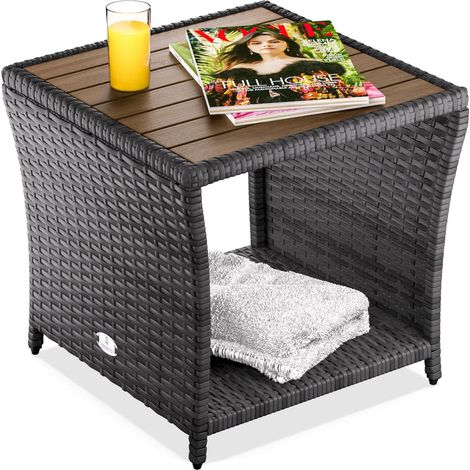CASARIA® Beistelltisch Wetterfest Klein Holz Polyrattan Akazie 45x45x40cm 80kg Belastbarkeit Outdoor Tisch Gartentisch Balkontisch Gartenmöbel  Grau (1/5)