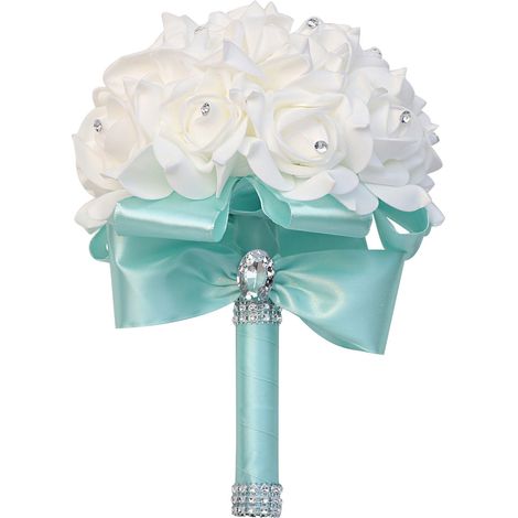 Tenant des fleurs artificielles Rose Bouquet de mariage avec ruban de satin de soie Champagne demoiselle d'honneur fête nuptiale-bleu clair (1/4)