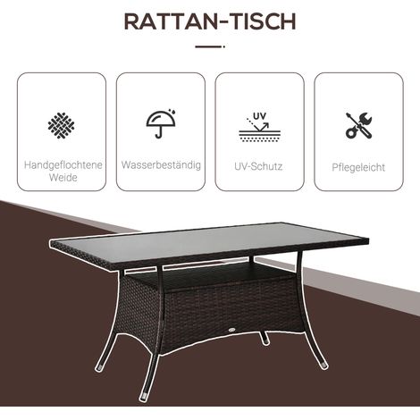 Table de jardin Outsunny en polyrotin et verre de sécurité, table à manger marron/noir 150x85x74 cm pour extérieur (1/4)