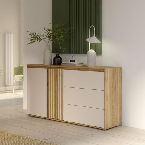 Madia Neutra Rovere e Cashmere con 3 Cassetti e Anta Cannettata (1/5)
