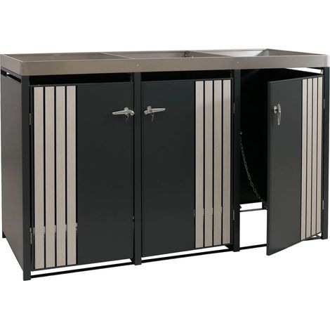Cache-poubelles pour 3 bacs abri pour poubelles en métal avec bac à plantes 125x196x84 cm, env. 75 kg anthracite aspect bois clair 040009318