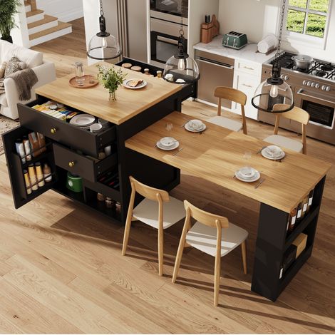 Isola cucina estraibile 122.5x70x93.8 cm, piano allungabile, 60 kg, vani portaoggetti, MDF, nero