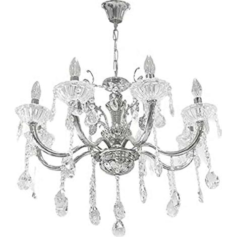 Lampadario da soffitto 6 bracci a sospensione sfere cristalli pendenti in acrilico attacco e14 classico argento