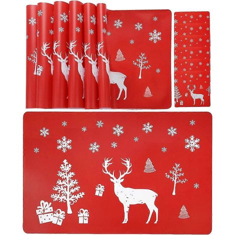 Ensemble de 6 sets de table et 6 dessous de tasse lavables, motif sapin de Noël et flocons de neige (rouge). (1/5)