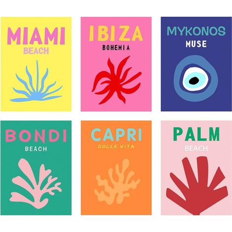 Set di 6 stampe su tela - Poster da appendere al muro, opere d'arte minimaliste e colorate per la decorazione, stampe di viaggio (senza cornice, 20x25 cm) (1/5)